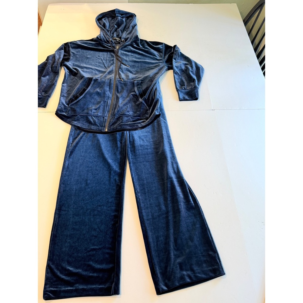 Liverpool Los Angeles Navy Blue Velvet Tracksuit Zip Hoodie Wide Leg Pants Set S